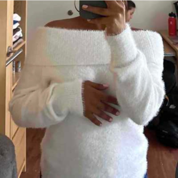 white flap Foldover detail Off Shoulder Fuzzy Sweater - Picture 6 of 6